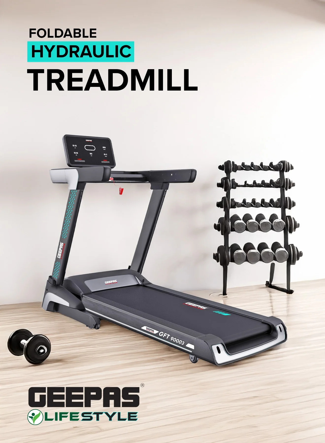 GEEPAS Foldable Hydraulic Treadmill with 15 Levels Auto Incline and LED Display (4 HP Motor, 18 kmph Max Speed) q9mv9