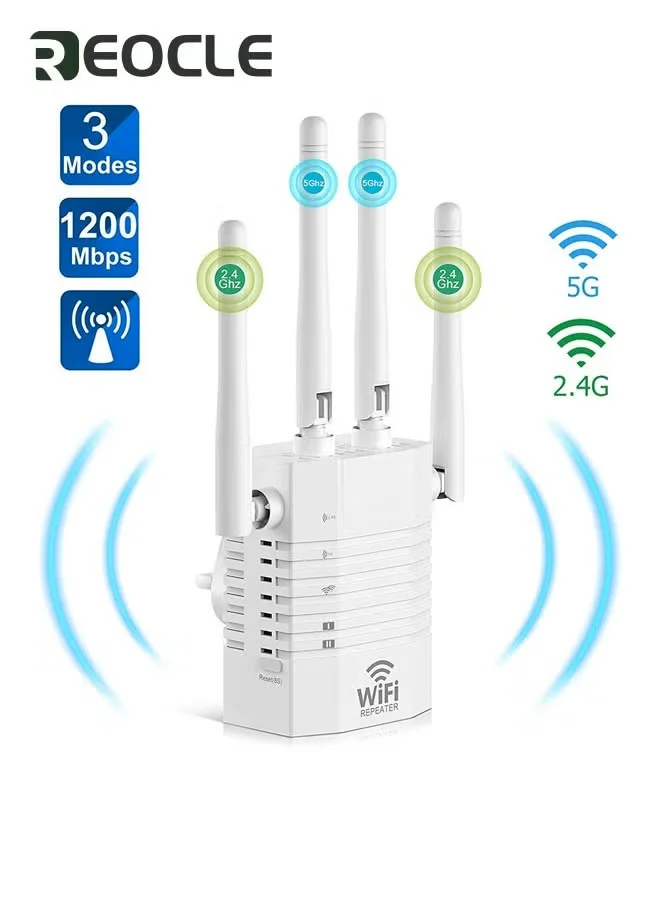 REOCLE WiFi Range Extender 1200Mbps Dual Band Wireless Signal Booster with Ethernet Port (White, 1 Pack) 2ch89