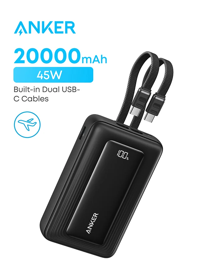 High-Speed Portable Power Bank 20000mAh 45W Fast Charging with Dual Built-In Cables (Black, 20000mAh) tnce9