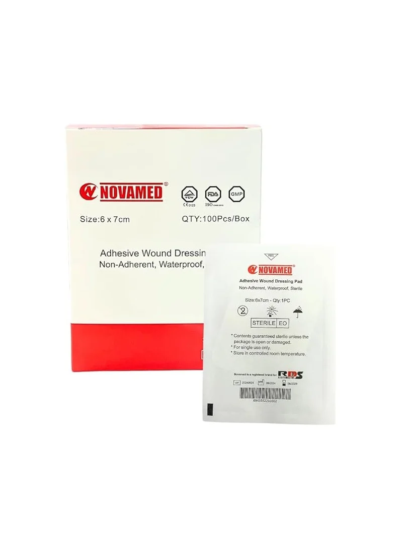 Novamed Adhesive Wound Dressing Pad Waterproof Sterile (6cm x 7cm, 100 Pack) 1bnym