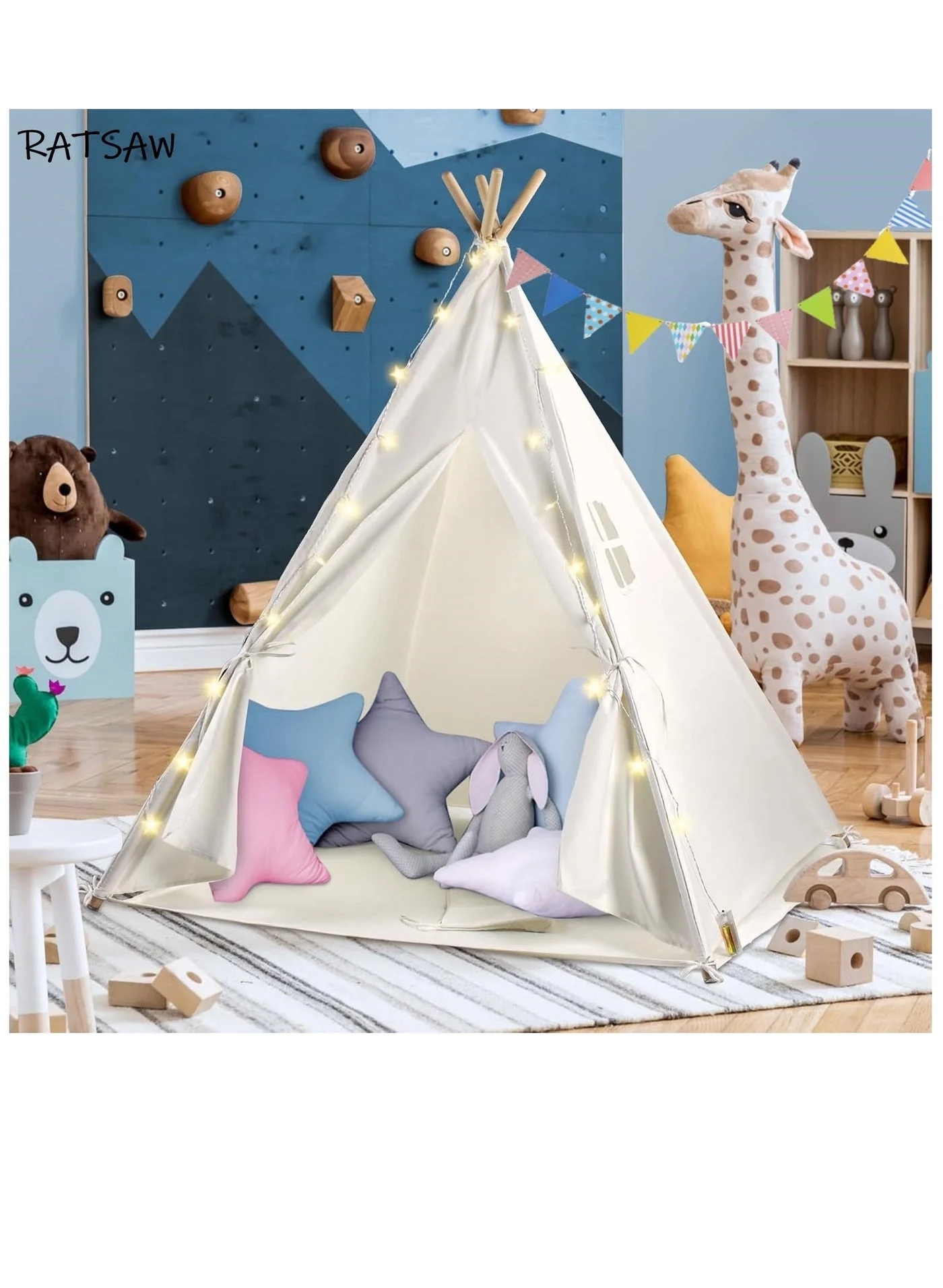 RATSAW Kids Teepee Play Tent Premium Cotton Canvas Playhouse with LED Fairy Lights and Colored Flags for Indoor Outdoor Fun (120 cm x 120 cm x 150 cm) glxou