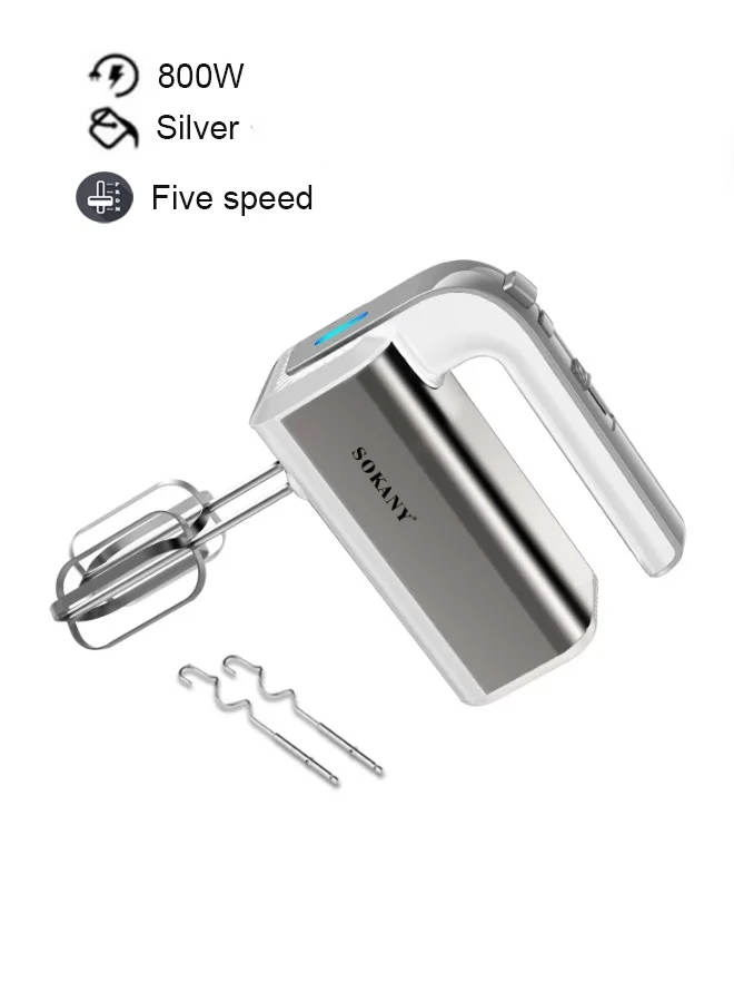 Sokany Electric Hand Mixer 800W Kitchen Whisk with 5-Speed Turbo Control and 4 Stainless Steel Attachments (Silver, 1 Unit) 0hdc1
