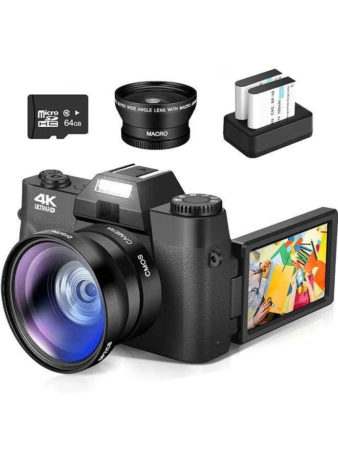 LENND 4K Digital Vlogging Camera with 56MP Sensor, 16X Zoom, WiFi Connectivity, 52mm Wide-Angle & Macro Lens Kit (Black, 32GB Card, 2 Batteries) fut83