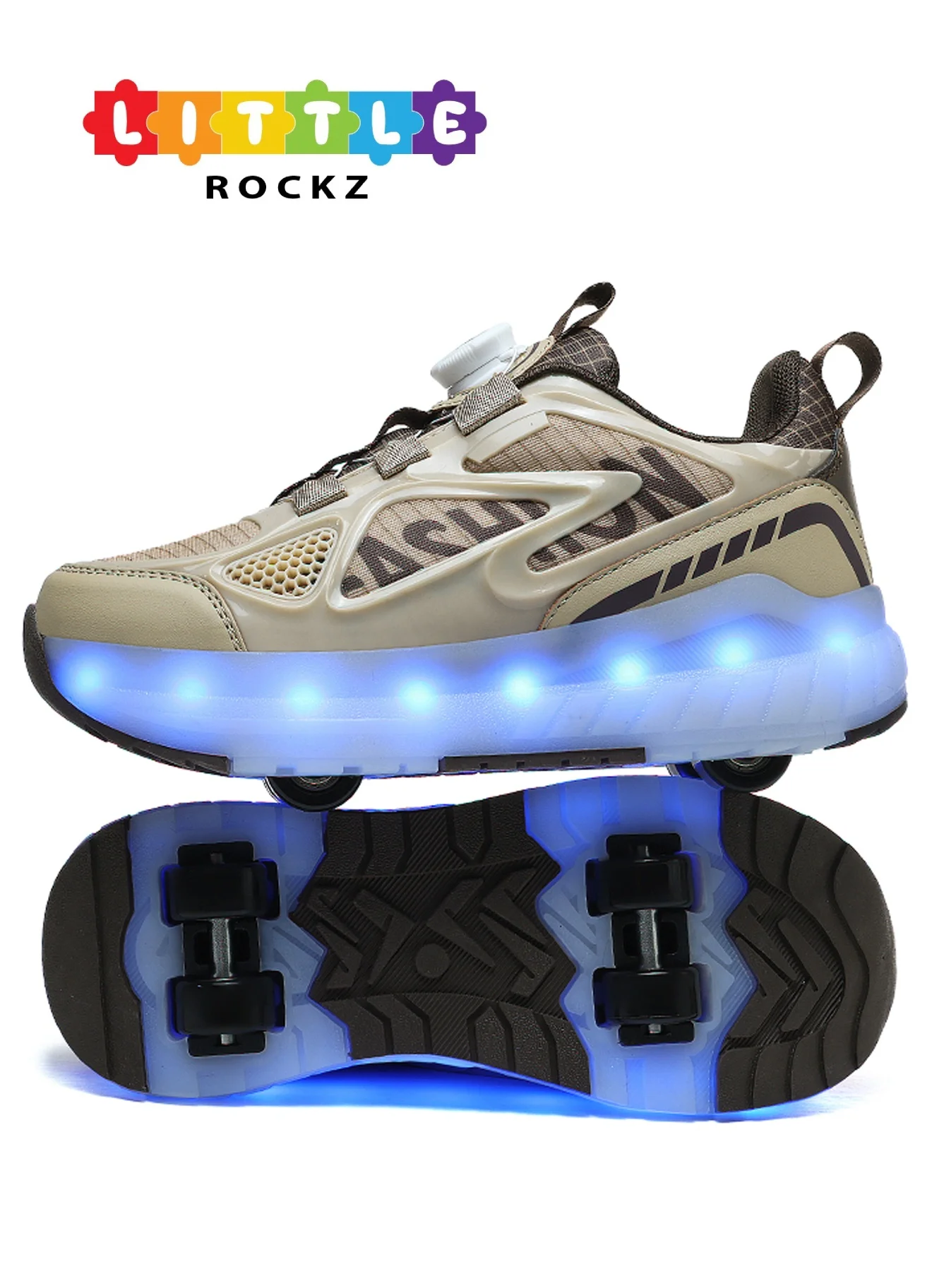 LITTLE ROCKZ Kids Four Wheel Roller Shoes with LED Flash Lights (Brown, 20 cm) 4ebt8