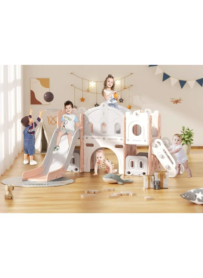 Rainbow Toys 7-in-1 Kids Activity Playset with Slide, Climber, Basketball Hoop, Tunnel, and Storage for Toddlers (Multicolor) x437l