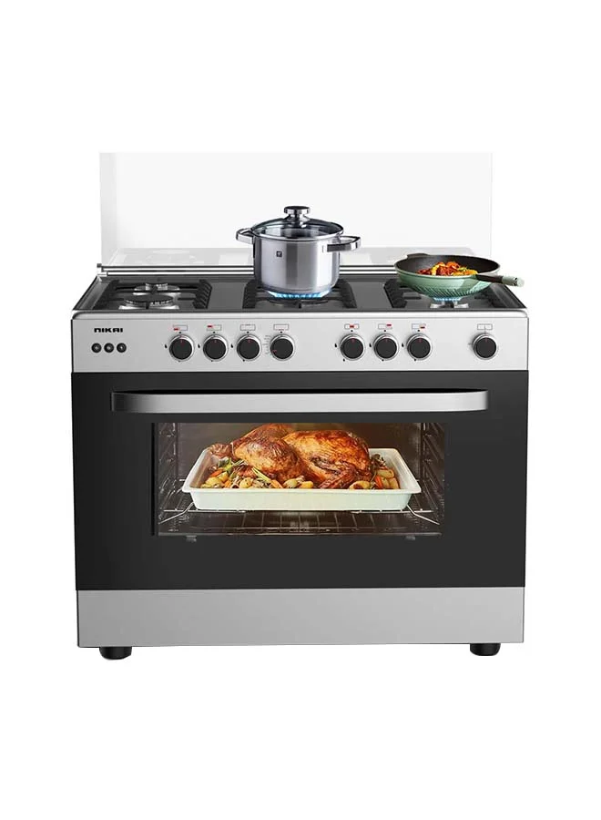 Premium 5-Burner Freestanding Gas Cooker with Italian Oven and Grill (Silver, 90x60cm) 05twv