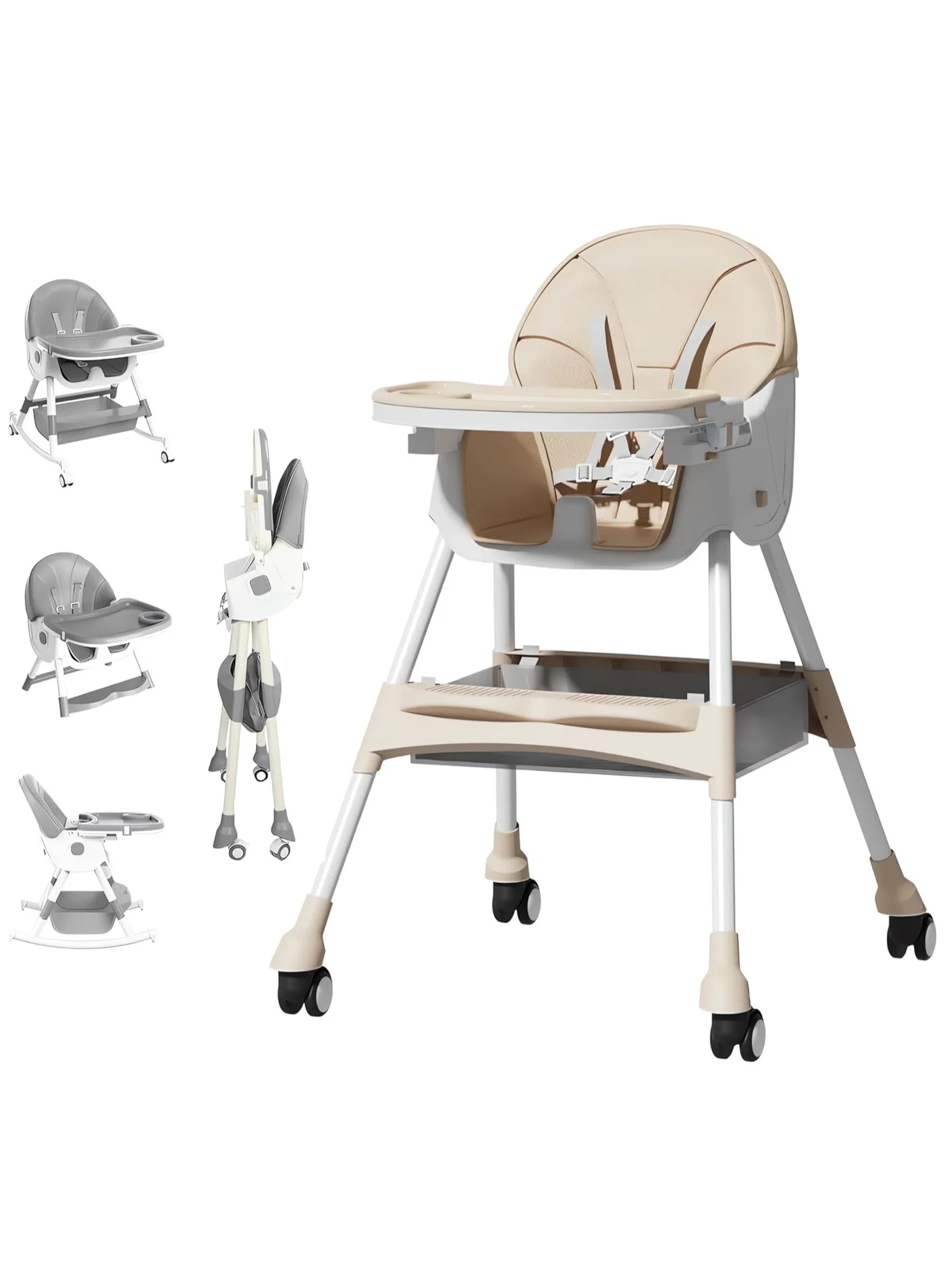 HI-FINE 4-in-1 Foldable Baby High Chair, Adjustable Height & Recline Feeding Seat for Infants and Toddlers (Grey) 4jlor