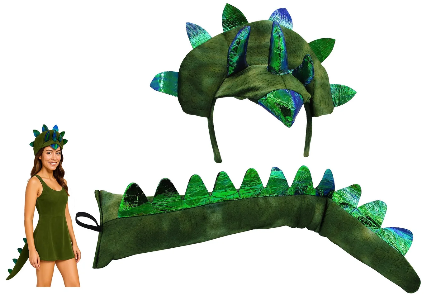 Premium Triceratops Dinosaur Costume Set with 3-Horn Headband and Bendable Tail (Green, Adult One Size) oojdu