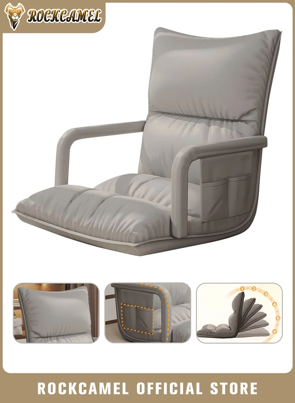 ROCKCAMEL Adjustable Floor Sofa with Armrests and Storage Pockets, Waterproof Folding Recliner Chair for Gaming and Reading (Grey, 175 cm) 21zga