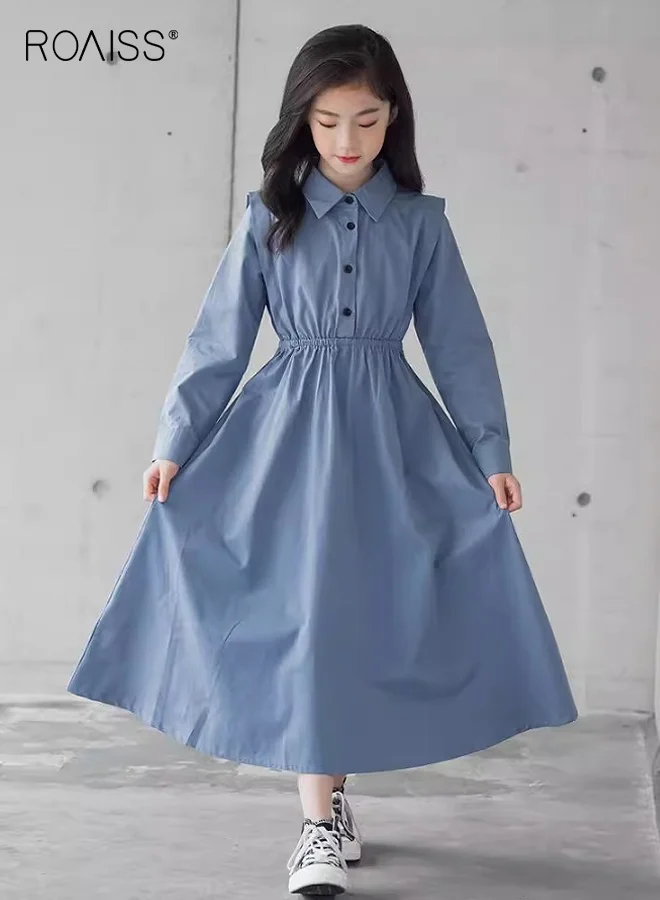 Roaiss Girls Solid Shirt Dress Long Sleeve Button Down A-Line Frock (Solid, 120cm) k8qqz
