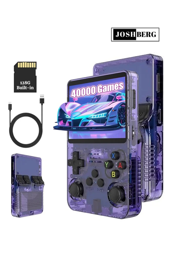 Joshberg Retro Handheld Game Console 128GB 3.5 inch Display with Dual 3D Joysticks and 15000+ Pre-loaded Games (Transparent Purple, 128GB) pdktq