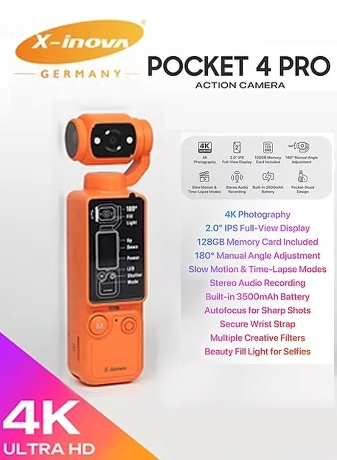 X-Inova Pocket 4 PRO Action Camera 4K Ultra HD Waterproof Sports Camcorder (Orange) qftln