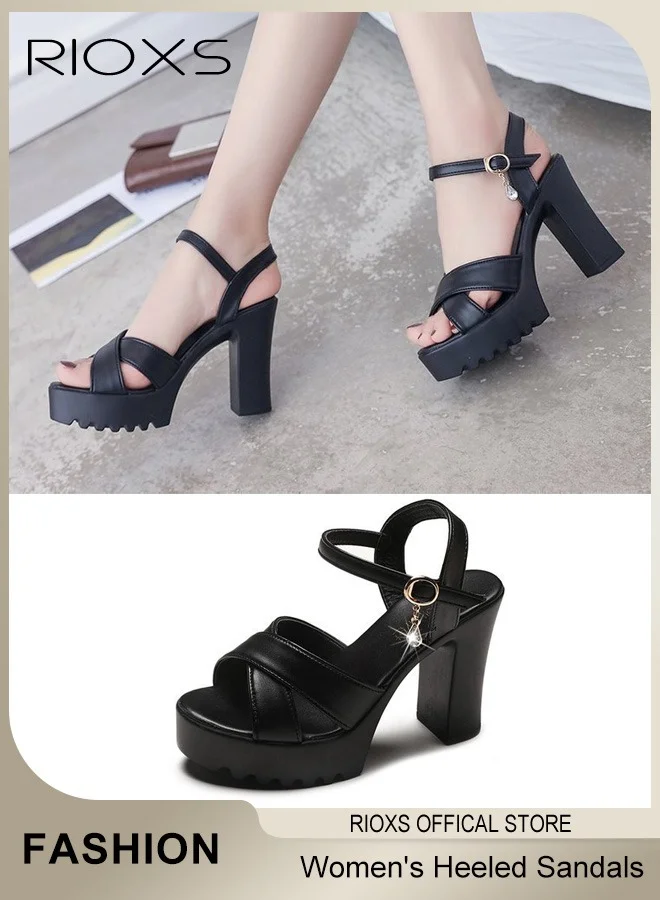 RIOXS Women's Platform Chunky Block Heel Sandals, Open-toe Ankle Strap Dress Shoes, Premium Anti-slip Strappy Pumps for Parties and Weddings (Black) b7wgk