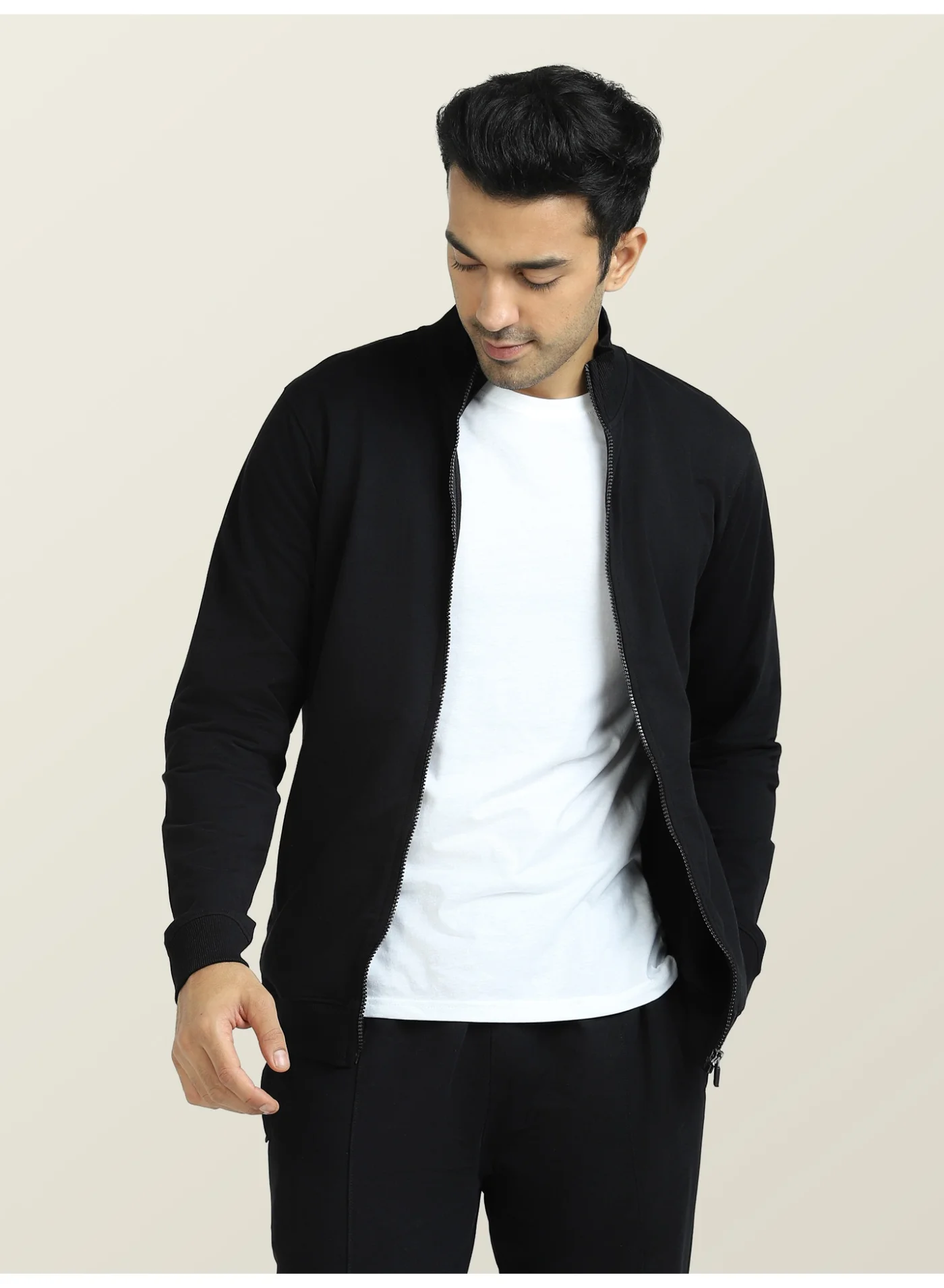 XYXX Men's French Terry Cotton Zip-Up Jacket Premium Regular Fit Long Sleeve Outerwear (Black, Large) n282q