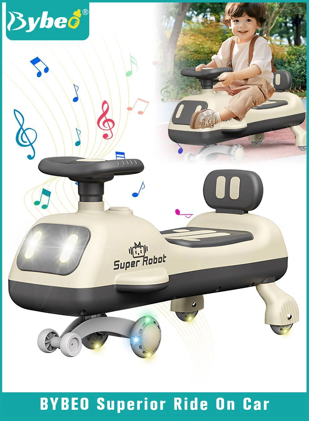 Bybeo Kids Ride-On Swing Car with Silent Wheels, Music, and Backrest Support (For Toddlers, 1-6 Years) gkts9