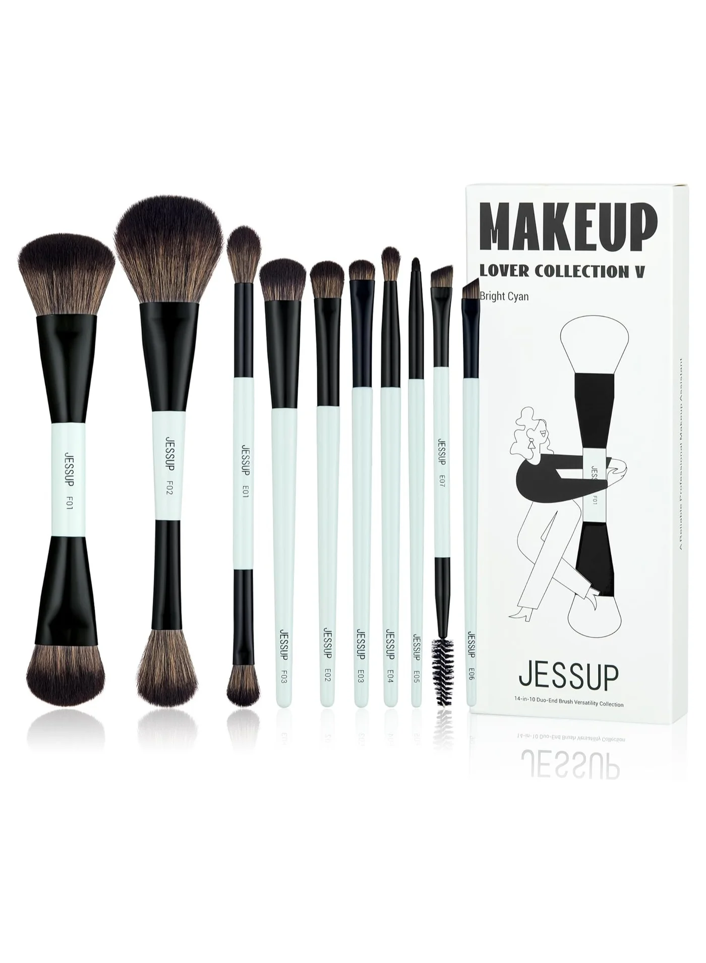 Professional Makeup Brush Set 10pcs Double-Sided Foundation Contour Blending Cosmetic Tools (Bright Cyan, 10pcs) s841f