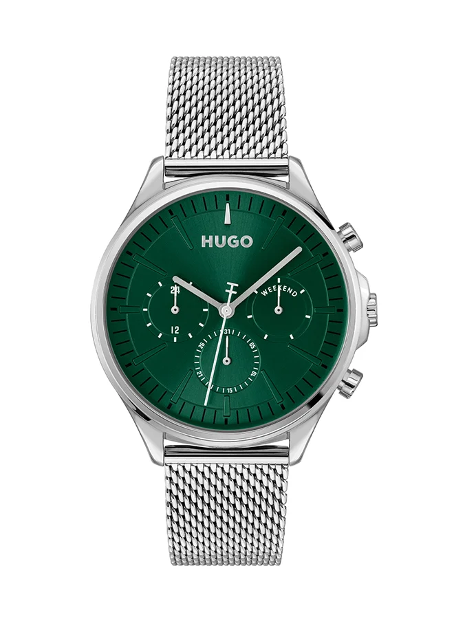 Premium Round Analog Men's Watch with Green Case and Stainless Steel Band (One Size) cb825