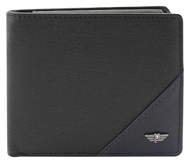 POLICE Men's Leather Over Flap Coin Wallet Premium Genuine Leather Compact Bifold (Black) zcgdt