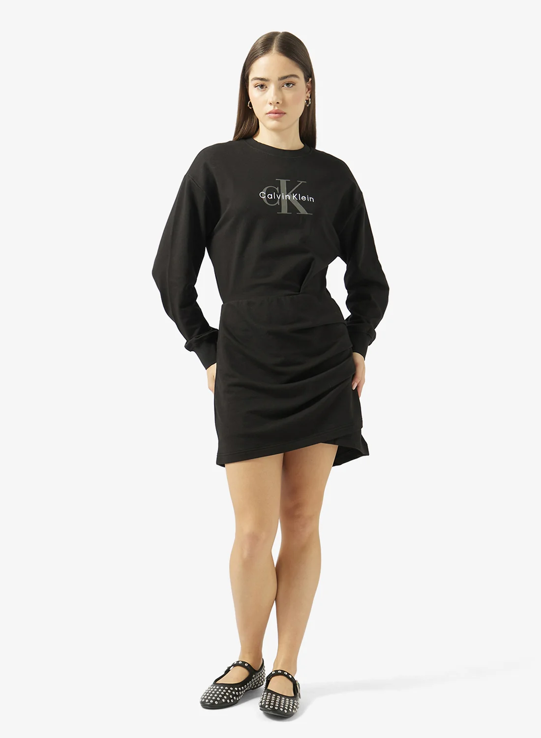 Premium Graphic Long Sleeve Crew Neck Sweatshirt Mini Dress for Women (Black, Medium) 9i5q4