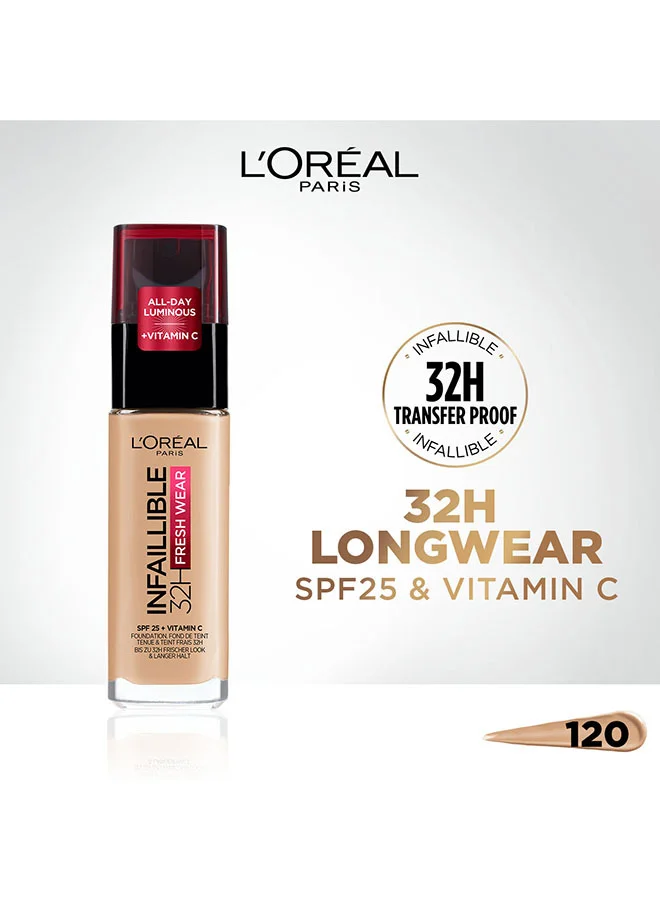 L'Oreal Paris Infaillible Fresh Wear Foundation Long-Lasting Liquid Makeup (120 Warm, 30 mL) guqx1