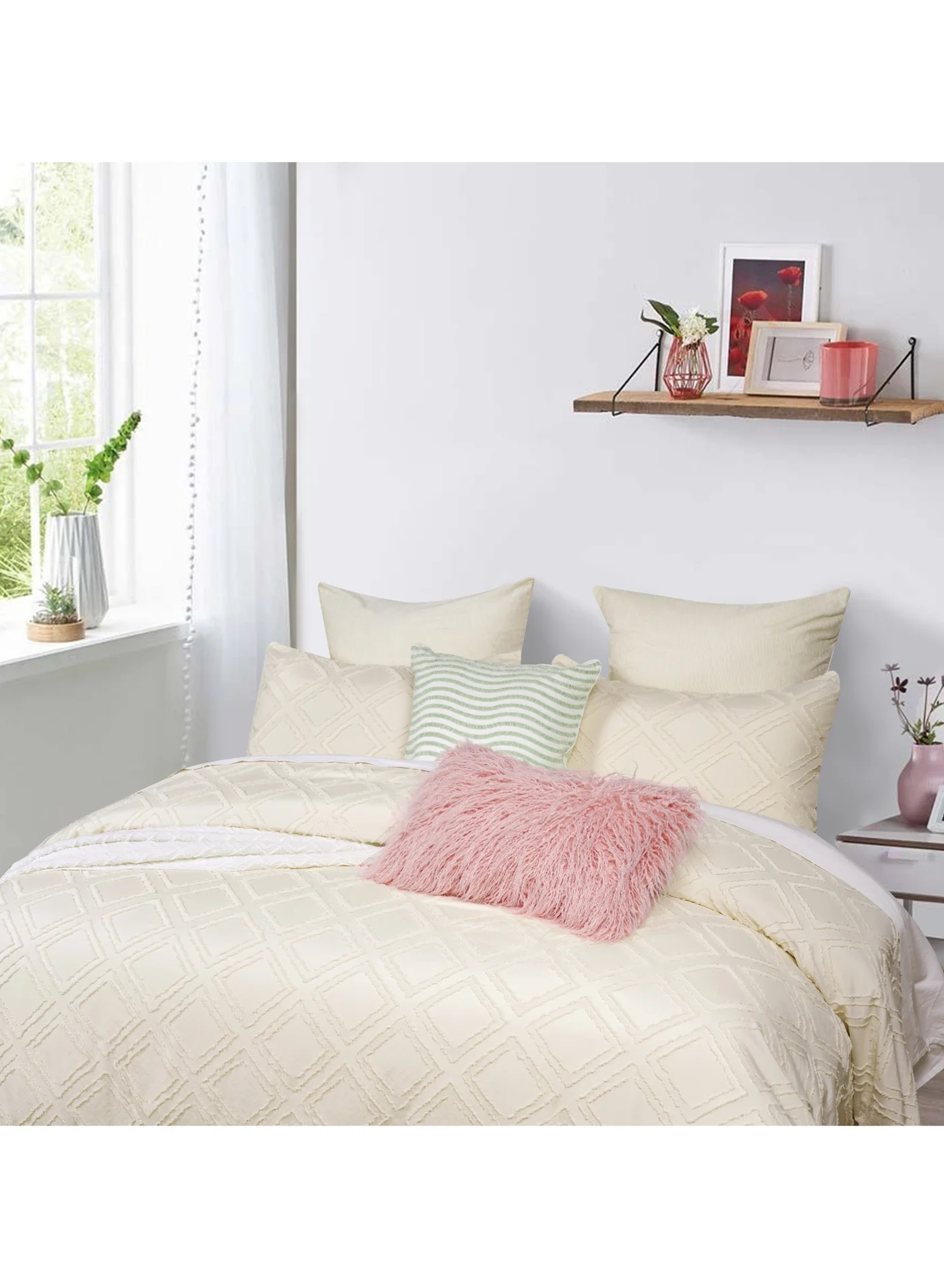 PHF 3 Piece King Tufted Jacquard Duvet Cover Set, Textured Stripe Washed Microfiber Boho Bedding Collection (Beige, 230 cm x 230 cm) 2rt1z