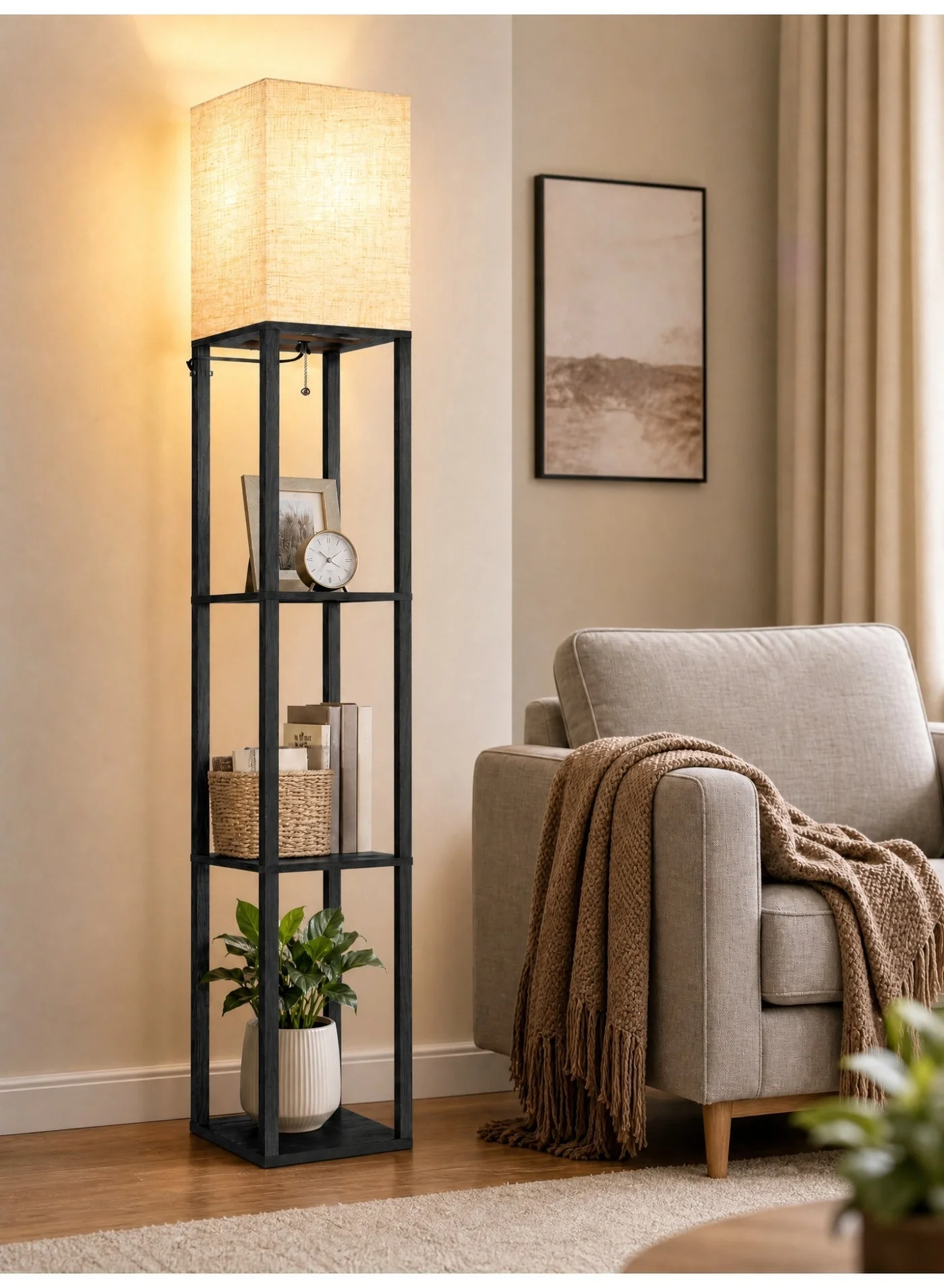OUTON Modern Floor Lamp with Storage Shelves and Remote Control, Dimmable LED Standing Light with Adjustable Color Temperature (Black, 160cm) zapcs