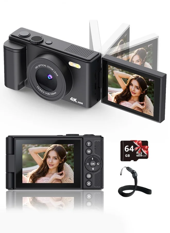 AL RAID 4K Digital Camera for Photography and Vlogging with 64MP Sensor and 180 Degree Flip Screen (64GB SD Card Included) t46mp