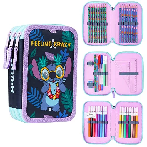 Premium Cartoon Character Stationery Organizer Triple Zip Pencil Case with Colored Pencils and Markers (Multi-Color, 22 cm x 10 cm x 7 cm) 802ip