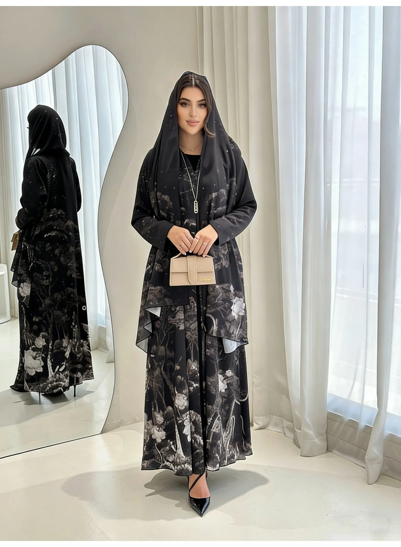 Premium Women's Loose Abaya with Ink Wash Print and Matching Headscarf (Elegant Modest Wear, One Size) esz9z