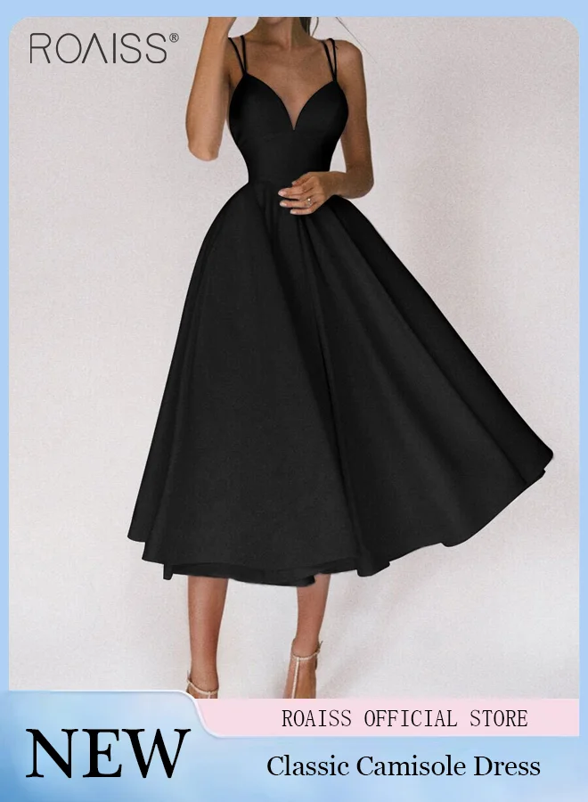 Roaiss Women's Classic Suspender Dress A-Line High Waist Flowing Skirt (Black, One Size) ucfly
