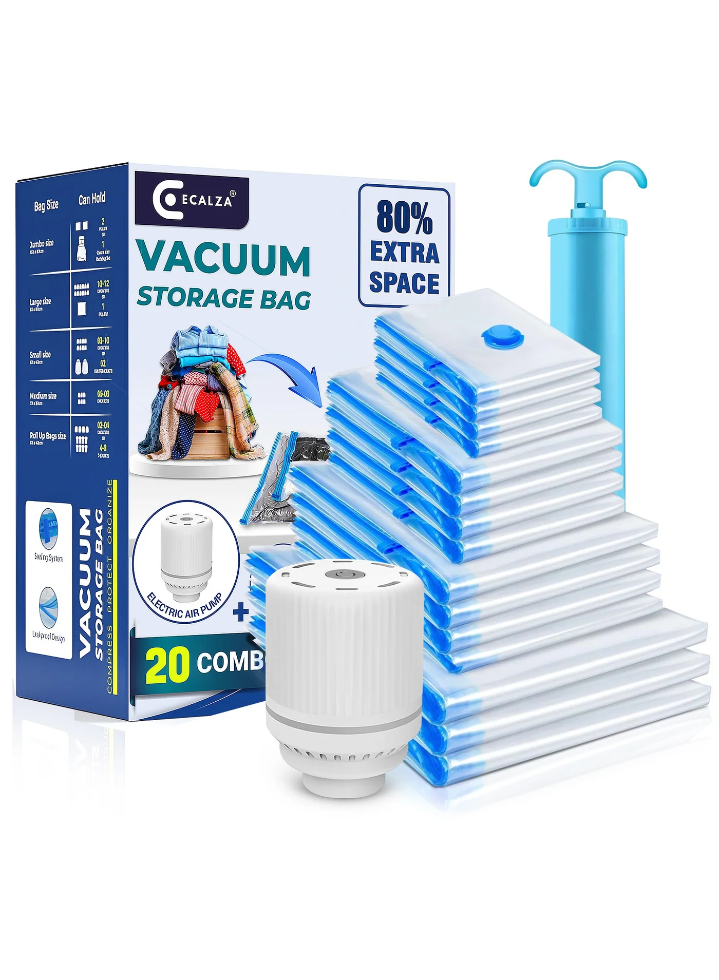 ECALZA Vacuum Storage Bags Set with Electric and Hand Pump for Clothes and Bedding (20-Pack, Assorted Sizes) x28if