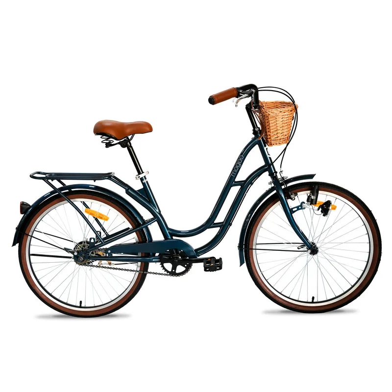 MOGOO Vintage City Bike for Women and Girls, Durable Steel Step-Through Frame with Wicker Basket and Rear Carrier (Royal Blue, 26-Inch) pu74c