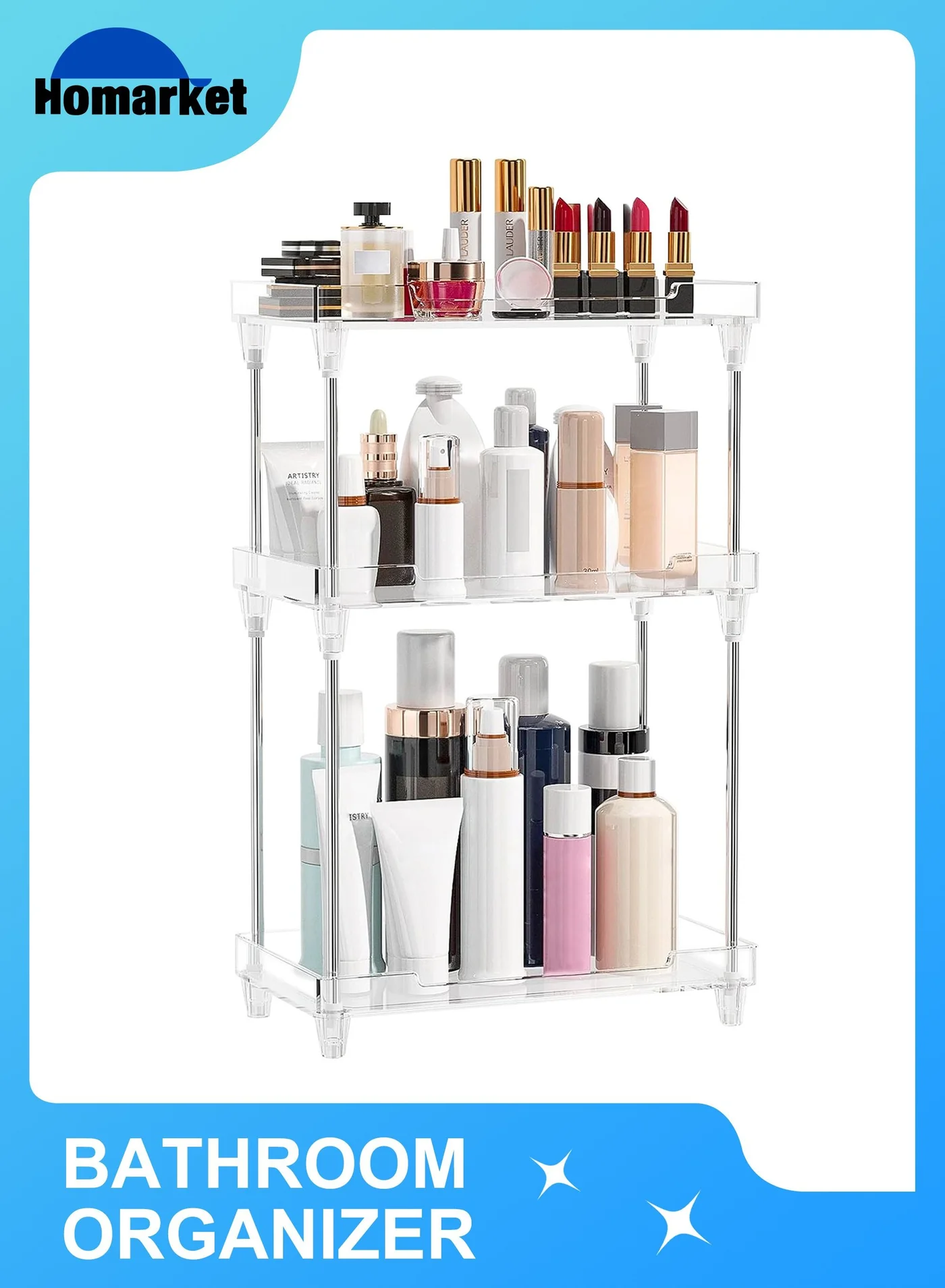 HomarKet 3-Tier Bathroom Countertop Organizer Premium Acrylic Vanity Tray Shelf for Perfume and Skincare (Clear, 30cm x 20cm x 40cm) osr4u