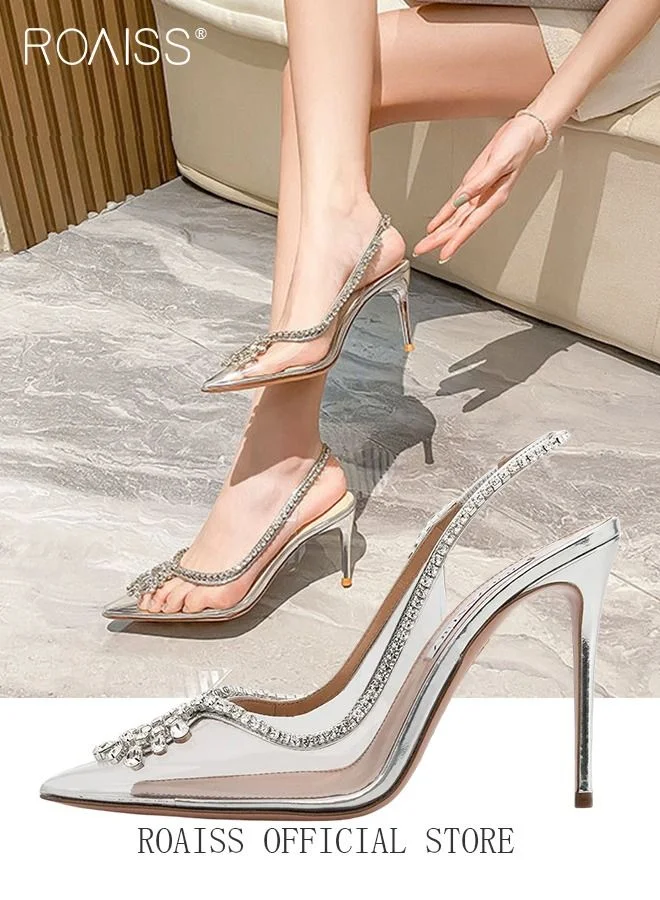 Roaiss Women Rhinestone Slingback Stiletto Pumps Transparent PVC Crystal High Heels (Clear, 38 EU) l8g80