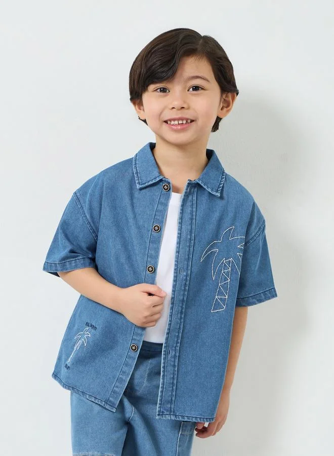 Styli Boys Denim Shirt with Embroidery Premium Cotton Casual Long Sleeve Top (Blue, 120 cm) oud33