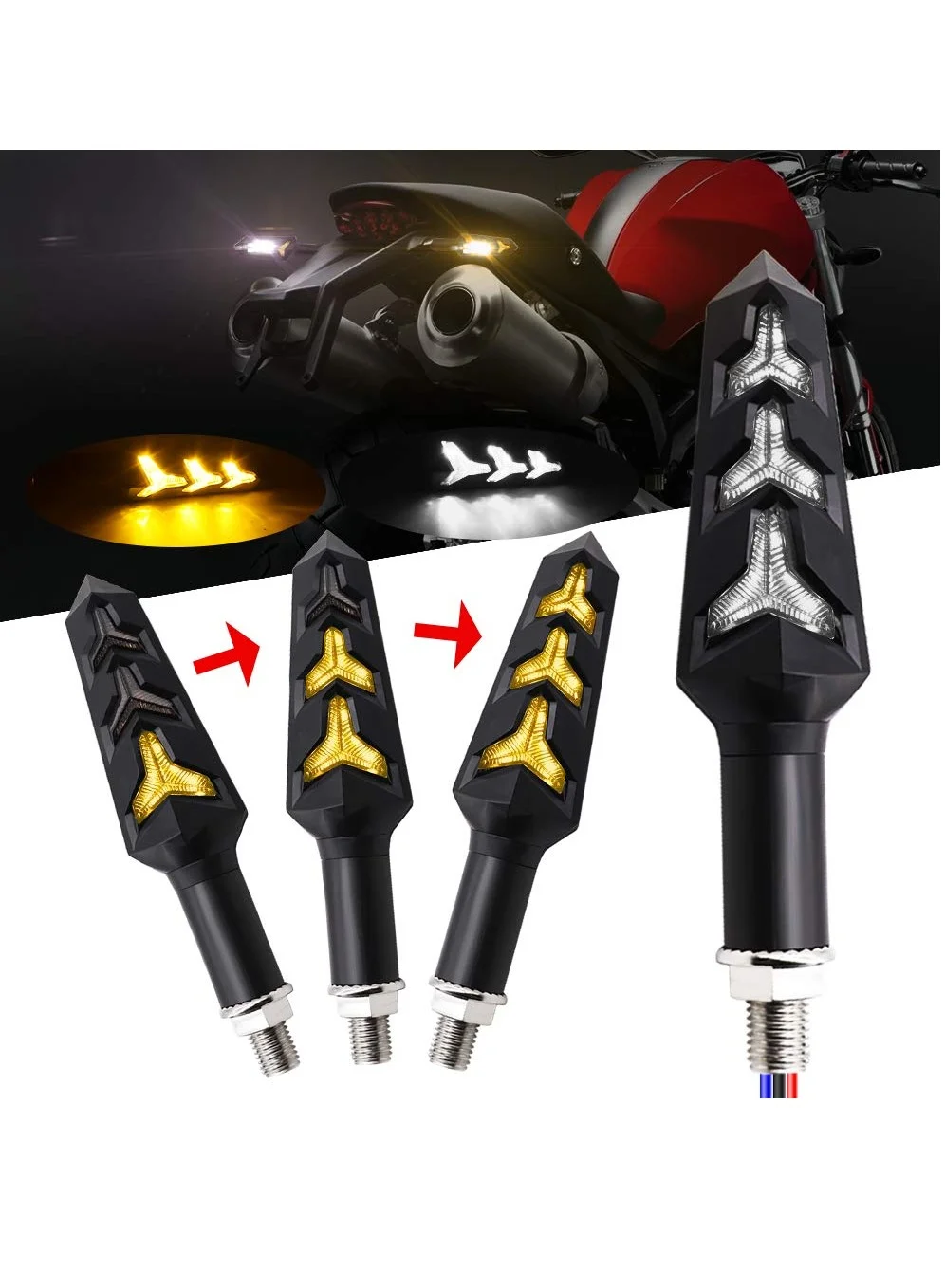 Excefore Motorcycle LED Turn Signal Lights Y-Shape Flowing Amber & White DRL Indicator (2 Pieces, 12V) pe2u5