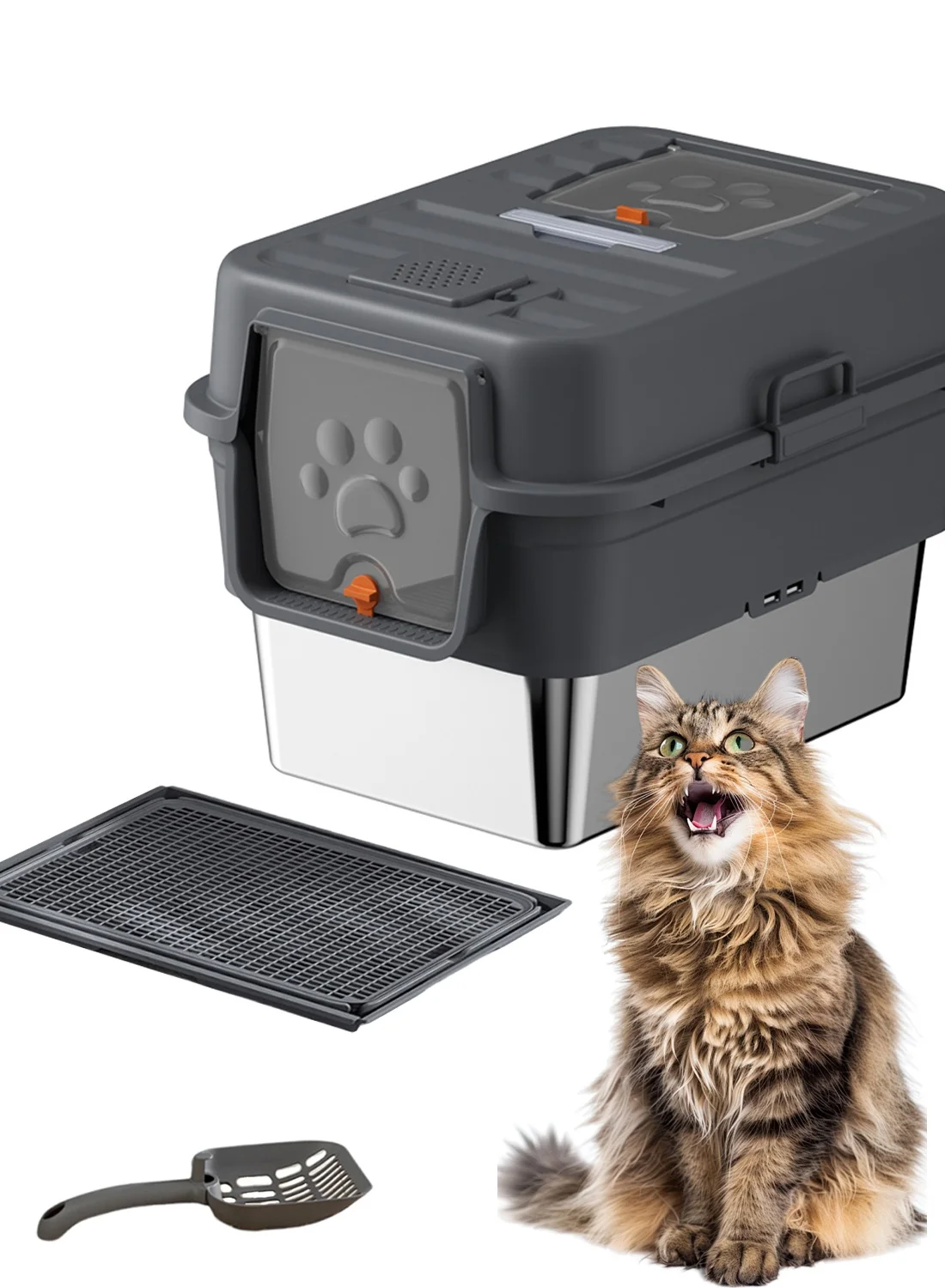 Kidle Enclosed Cat Litter Box with Lid and Tray for Large Cats (Grey, 50cm x 40cm x 40cm) 1xdp4