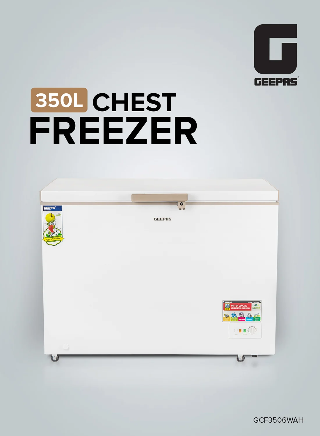 Geepas Freestanding Chest Freezer with Adjustable Thermostat and LED Light (White, 350 L) 9uh8e