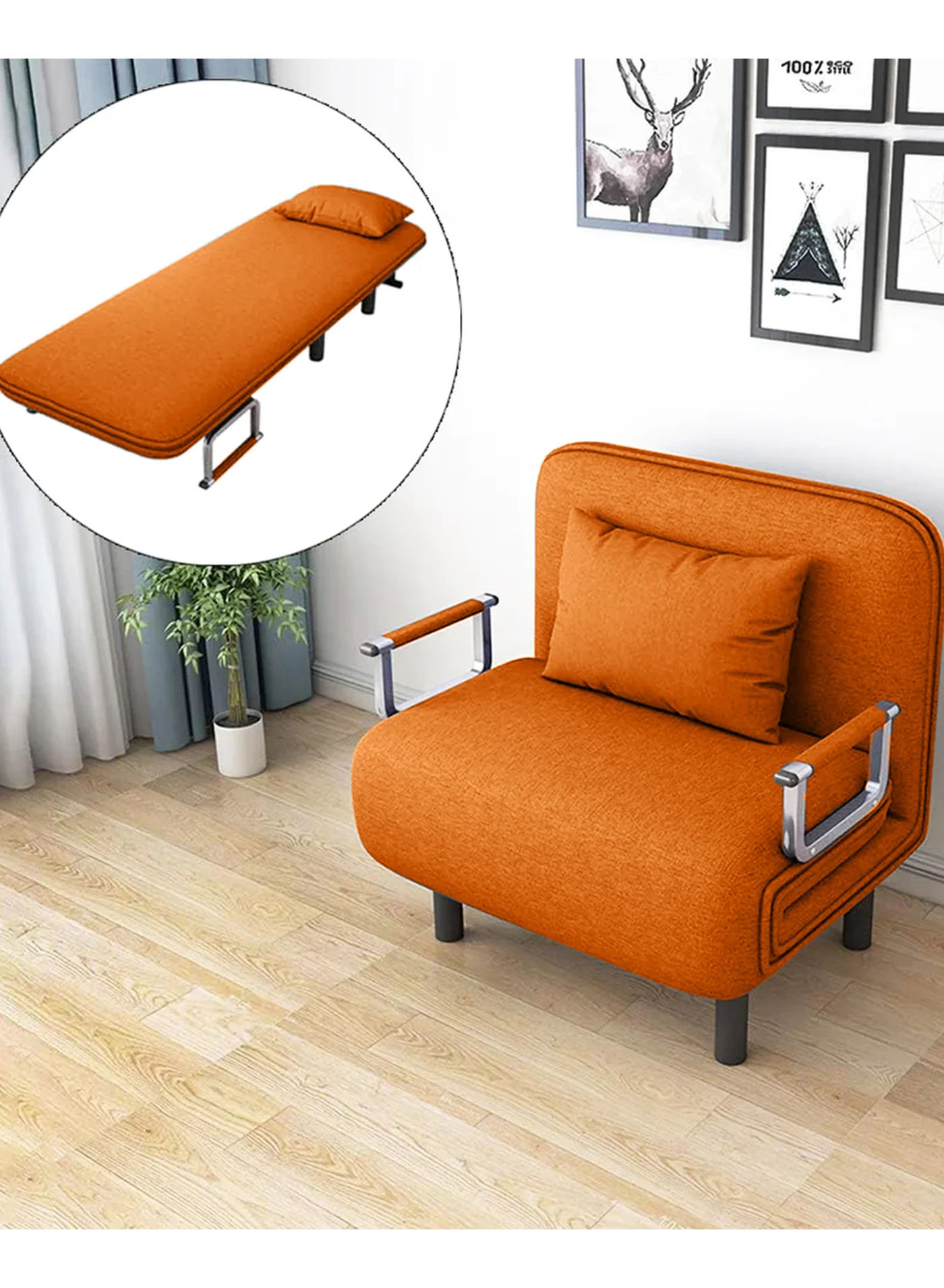 Premium Convertible Sleeper Chair Bed 5-in-1 Folding Sofa with 6-Position Adjustable Backrest and Pillow (Orange) vyjxz