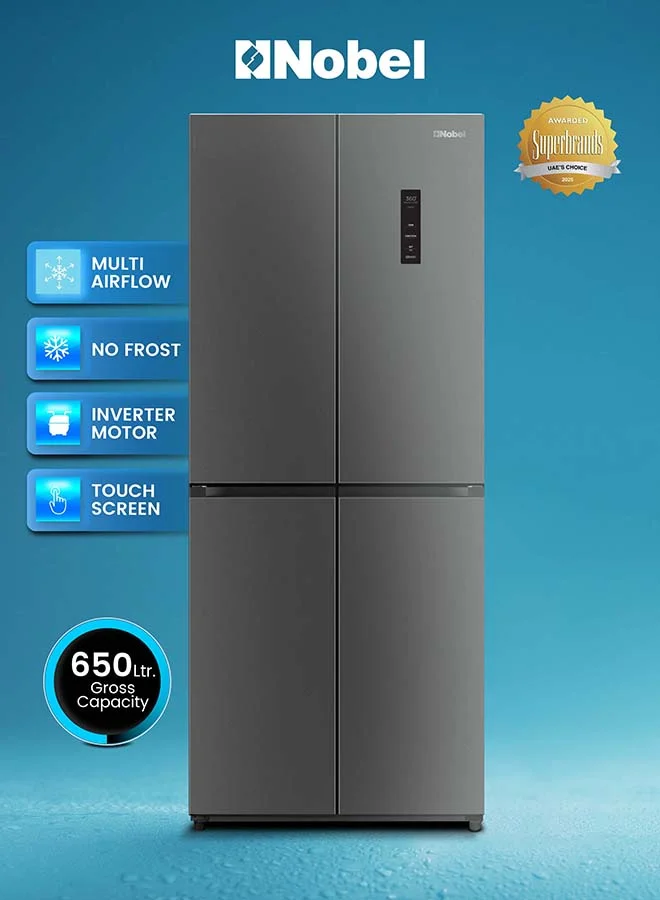 Nobel 4-Door Inverter Refrigerator 650L Gross Capacity with Multi Air Flow and Tropical Cooling (Grey, 400L Net) n6i1e