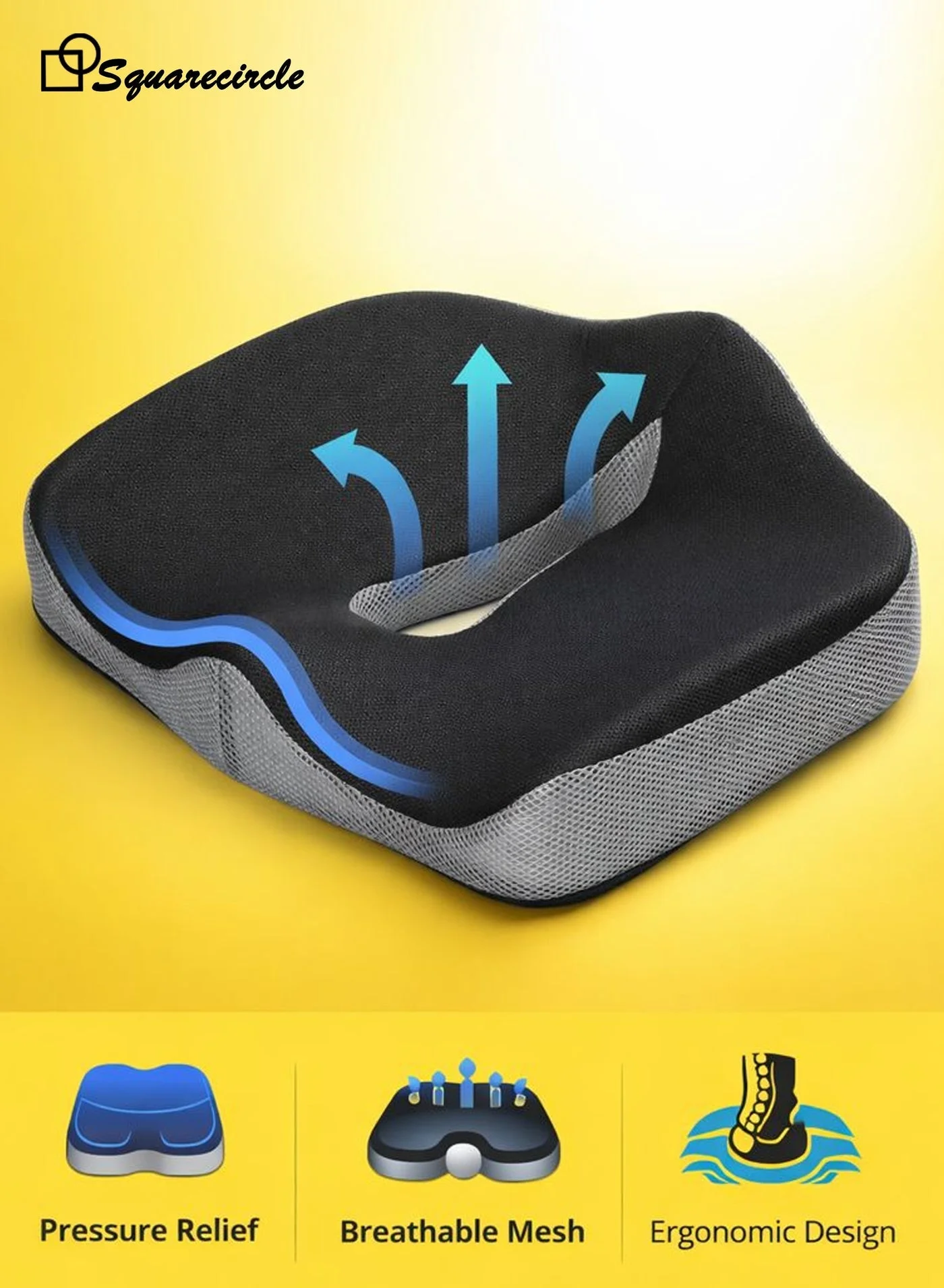 Squarecircle Donut Seat Cushion (Memory Foam) Ergonomic Support for Office Chair and Tailbone Relief (Solid, 45 cm x 35 cm) gxg69