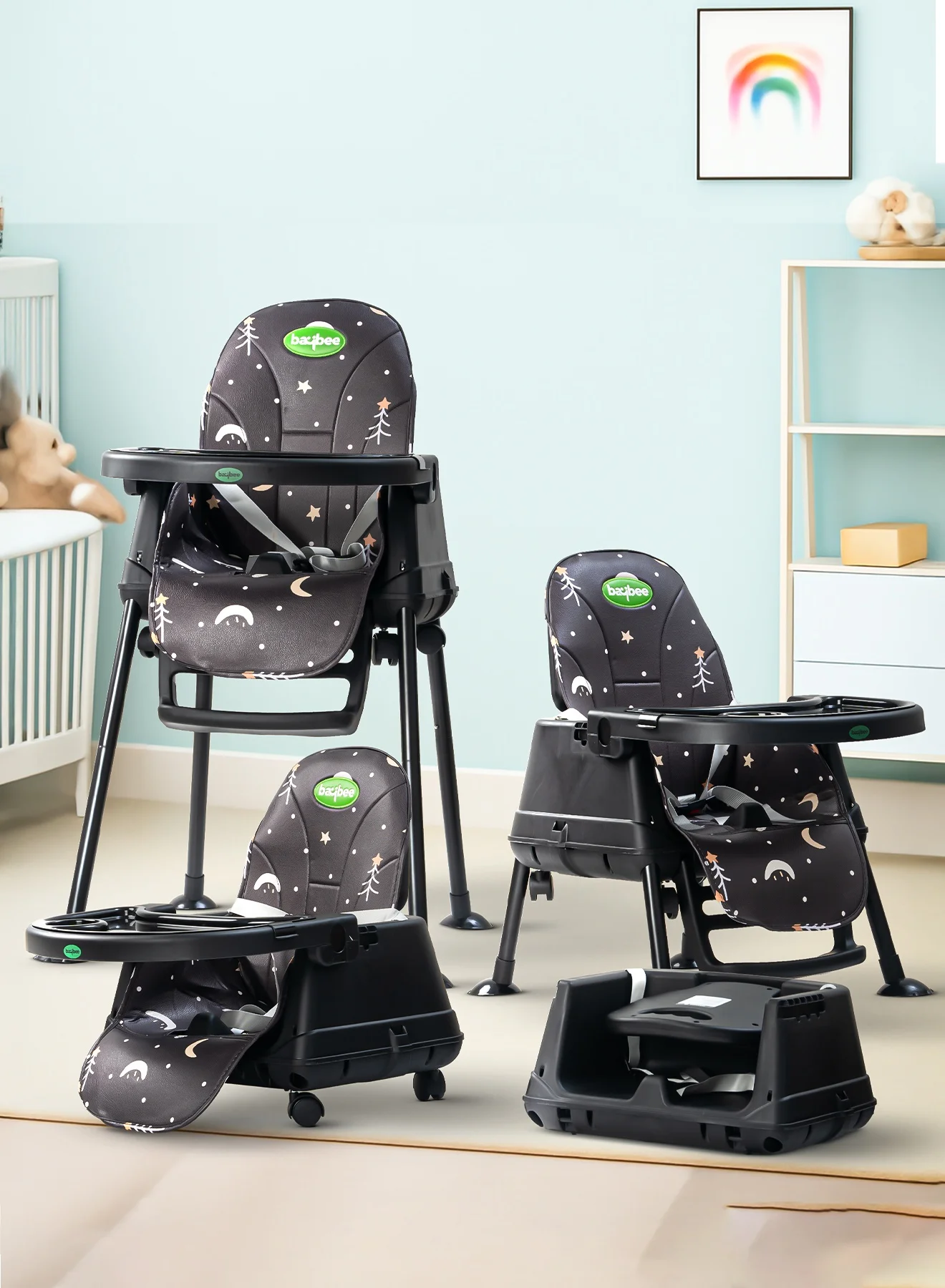 BAYBEE 4-in-1 Convertible Baby High Chair with Adjustable Height and Food Tray (Black, 1-Pack) z3v2g