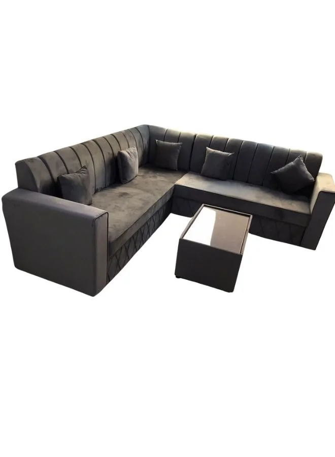 Maharat Al Bahar L-Shape Velvet Sofa Set with Table and Cushions (Dark Gray, 250x80x80 cm) deq5p