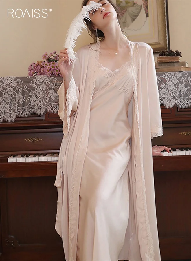 Roaiss 2-Piece Ice Silk Lace Nightdress and Long Sleeve Robe Set (Solid, Women) kwvie