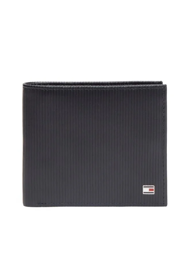 Premium Ribbed Leather Bifold Wallet with Signature Flag Detail (One Size, Black) dbn51