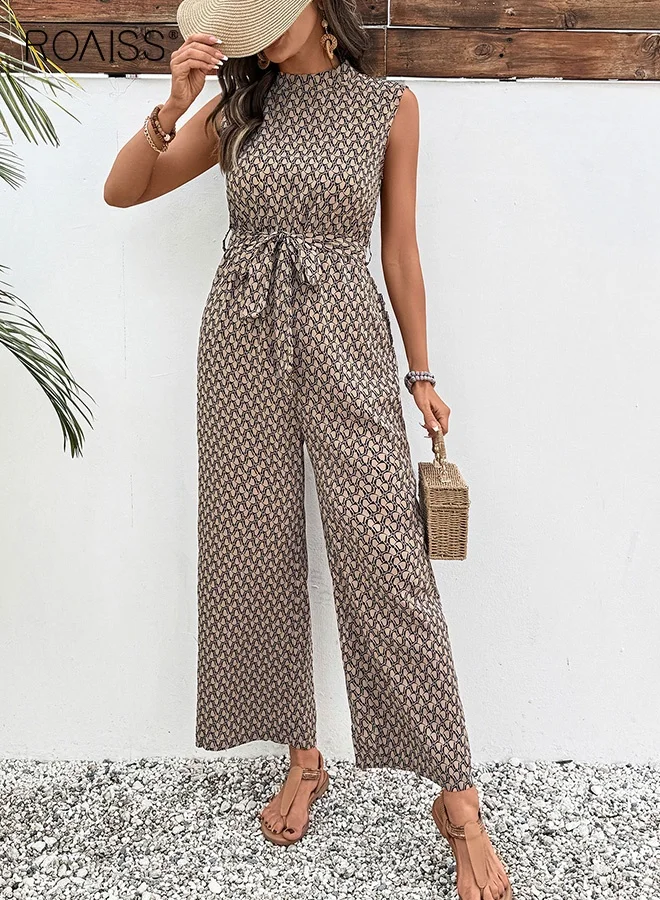 Roaiss Elegant Modest Sleeveless Jumpsuit with Adjustable Belt and Abstract Print (Wide Leg, Breathable Fabric, Women) 8l5km