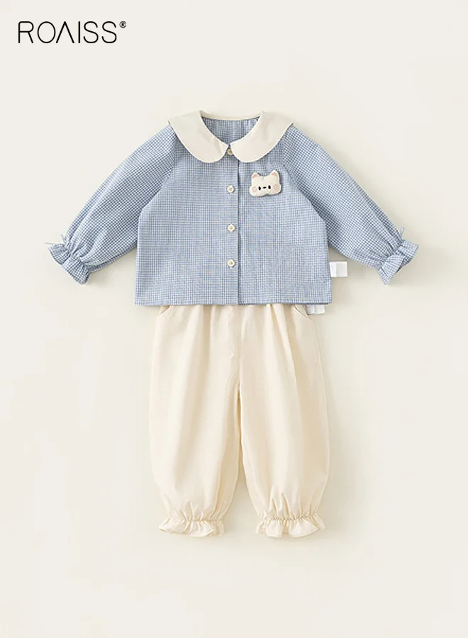 Roaiss Girls Plaid Shirt and Solid Trousers Set (2-Piece Outfit, Long Sleeve, Casual Wear) 0wn7m