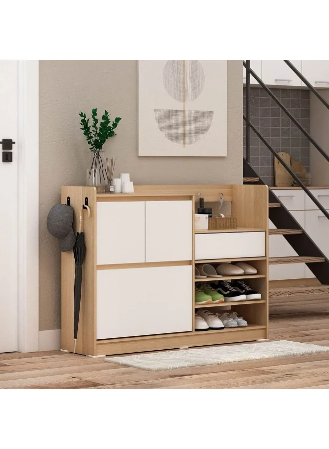 Danube Home Barbados Shoe Cabinet Organizer with Open Shelves and Hooks (White and Oak, 107.5x29.7x80.5cm) q7ozl