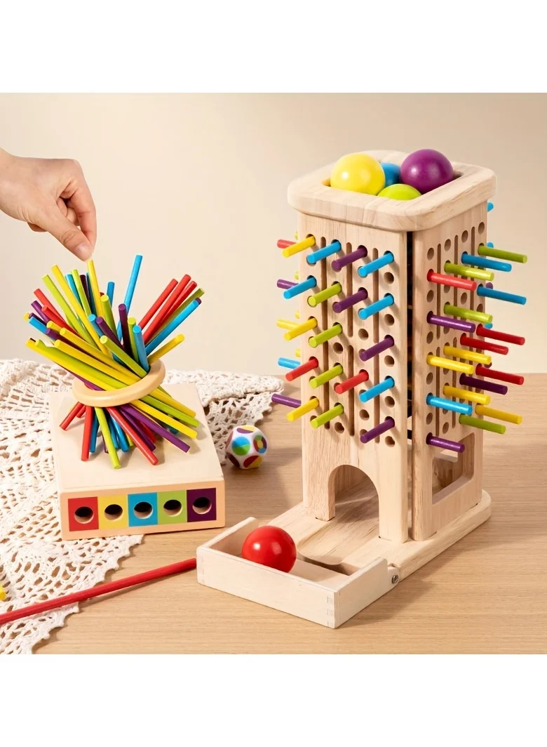 Unikbebe 3-in-1 Wooden Board Game Set, Montessori Tumble Tower with Rainbow Sticks, Dice and Balls, Premium Beech Wood Educational Toy for Kids and Adults (1 Set) 3hz7a