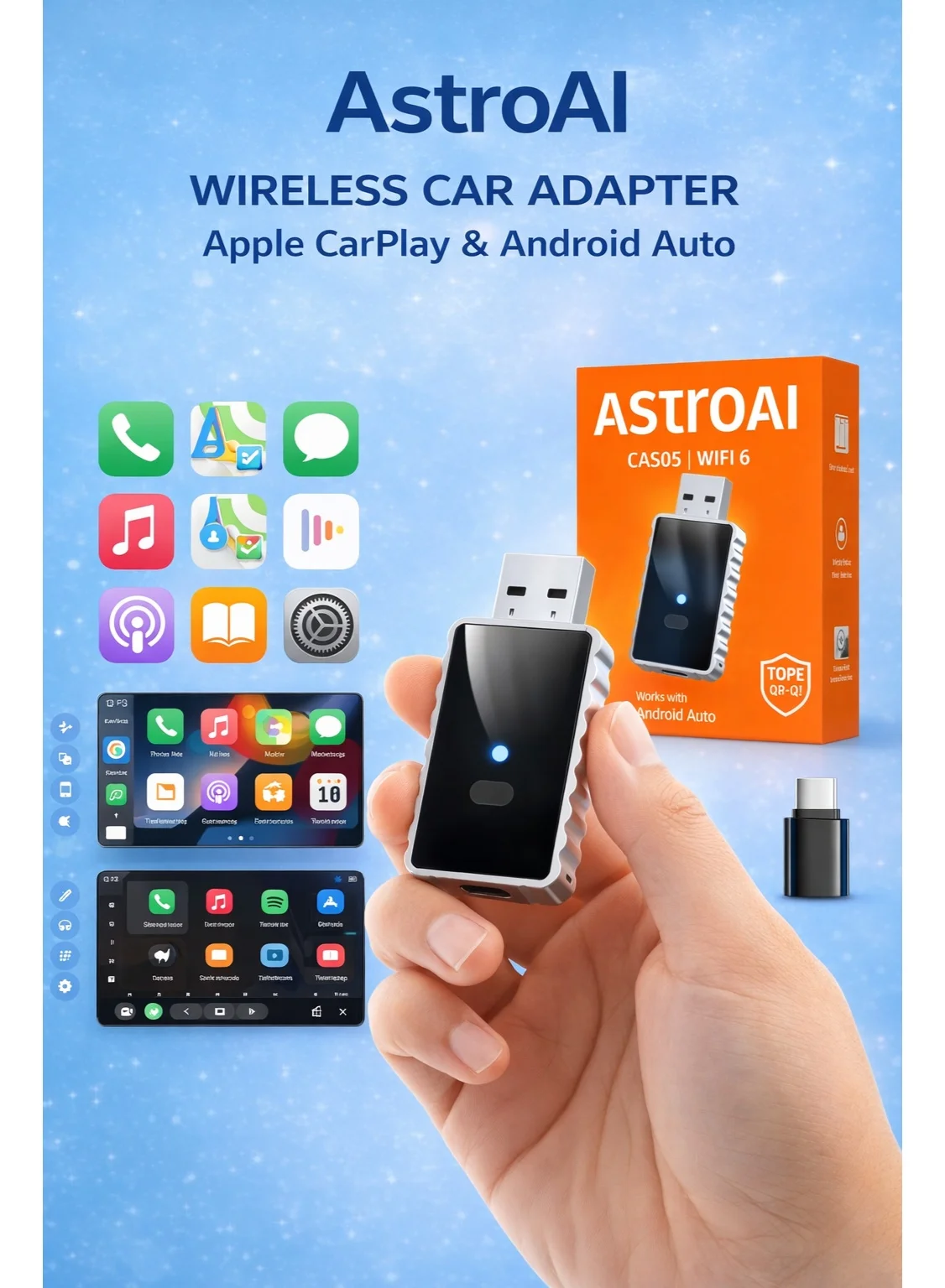 Premium Wireless Carplay and Android Auto Adapter 2-in-1 Converter with Glass Panel and Metal Heat Dissipation Housing (Black) 2tz8p